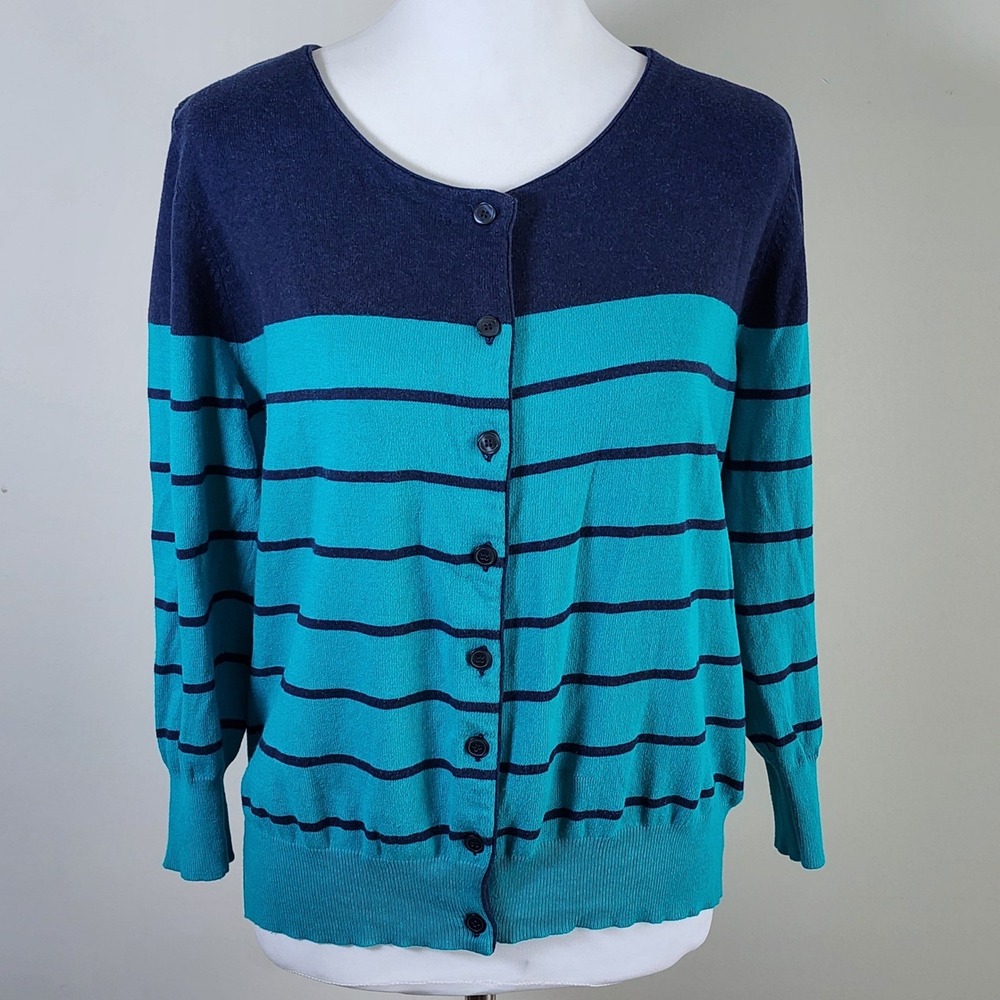 Kersh Striped Cardigan Womens XL Teal Navy Blue Button Front Knit Sweater Preppy